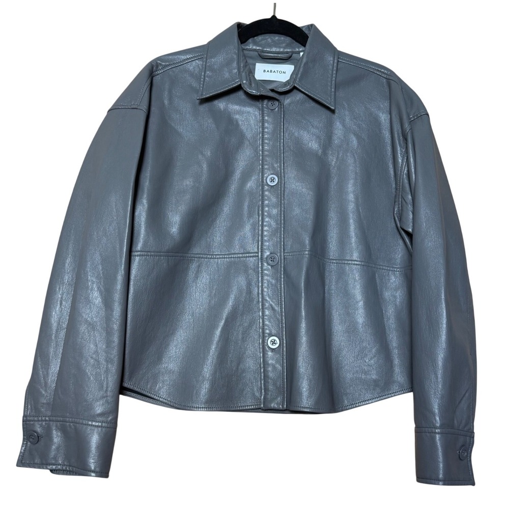 Babaton Vegan Leather Pelli Hip Shirt Jacket Grey Button Up Shacket Size Small